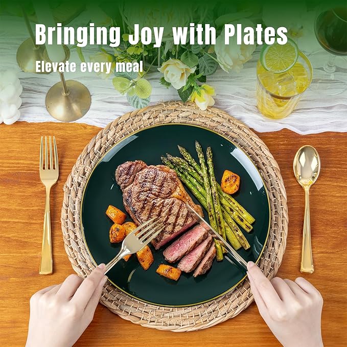 KIRE 175PCS Green Plastic Plates with Gold Rim - Heavy Duty Green Plates Disposable Include 50 Plastic Plate, 25Pre Rolled Napkins 25 Cups For St. Patrick's Day/Party/Wedding