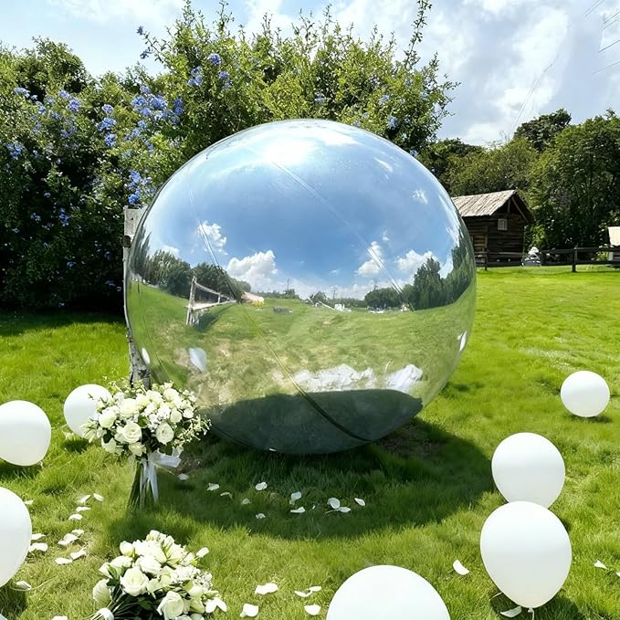 Silver Inflatable Mirror Ball, Big Shinny Mirror Balls Reusable Large PVC Disco Ball Balloon for Large Event Decoration, Party, Concerts, Stage, Wedding Decor, Without Air Pump(1 Pcs, 23.6in)