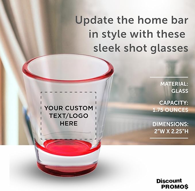 DISCOUNT PROMOS Custom Shot Glasses 1.75 oz. Set of 10/50/100, Personalized Bulk Pack - Great for Wedding Favors, Bachelorette Decorations, Party Favors - Red Bottom Color