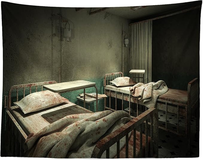 CORFOTO 9x6ft Fabric Creepy Ward Room Hospital Backdrop Spooky Horror Bloody Hospital Interior Background Sickbed Blood Murder Crime Party Decorations Kids Adults Halloween Party Banner Photo Props