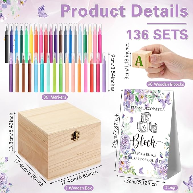 Marsui 136 Pcs Baby Shower Blocks to Decorate Game Kit Includes 98 Wooden Blocks, 36 Markers, 1 Game Sign, 1 Storage Box for Baby Shower Gender Reveal Activity Party Decorations(Butterfly)
