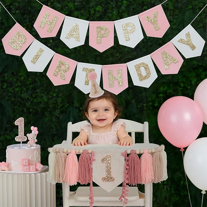 Pink Felt Happy Birthday High Chair Banner Pre-Strung Birthday Hanging Decoration For Baby Girl 1st Birthday Party Decorations