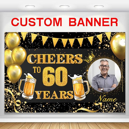 Custom 30/35/40/45/50/55/60/65/70/75/80/85/90/95/100th Black and Gold Happy Birthday Party Decorations Supplies Personalized Black and Gold Birthday Backdrop Banner(6x9ft)