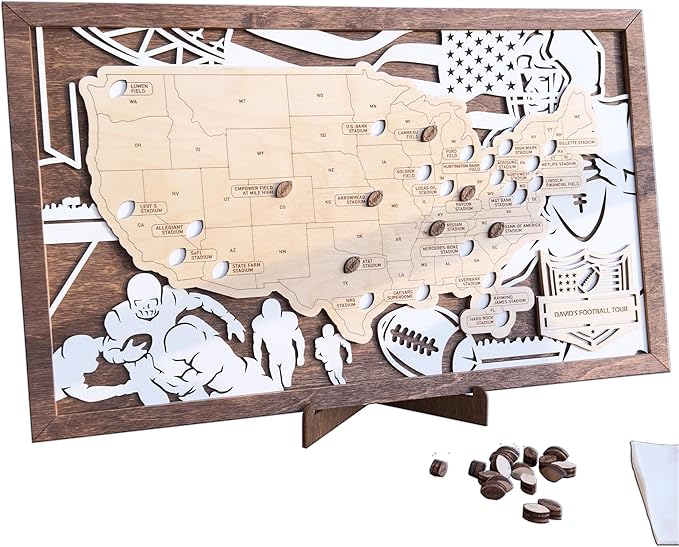 Personalized Wooden American Football Stadium Tracker Map - Football Stadium Bucket List - Custom Travel Map - Handcrafted Wall Art - Unique Gift for Football Fans (With Silhouette)