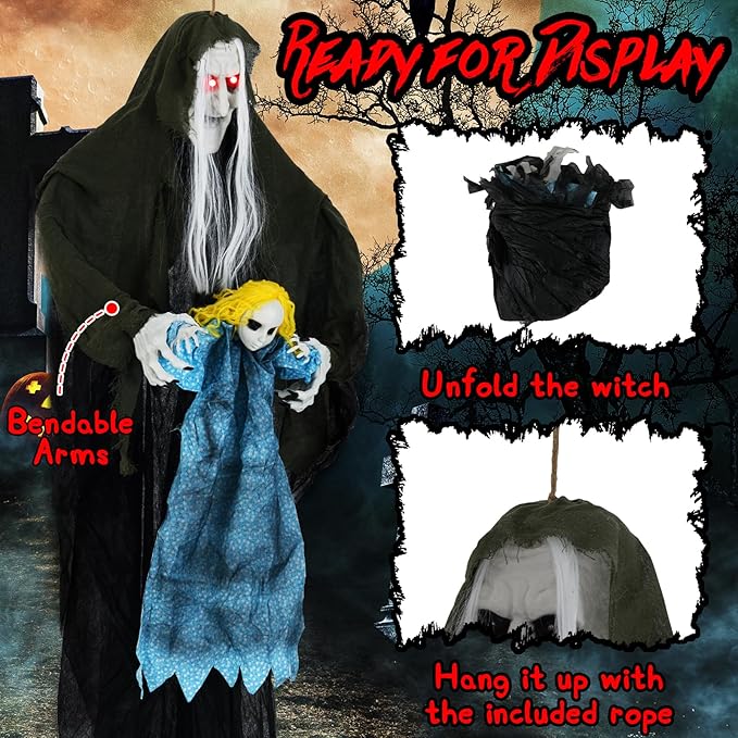 BECOMFORT 6.1 FT Hanging Animatronic Halloween Decoration, Sound-Activated Hanging Witch with Spooky Sounds, Glowing Eyes & Bending Arms, Animated Halloween Props for Indoor & Outdoor