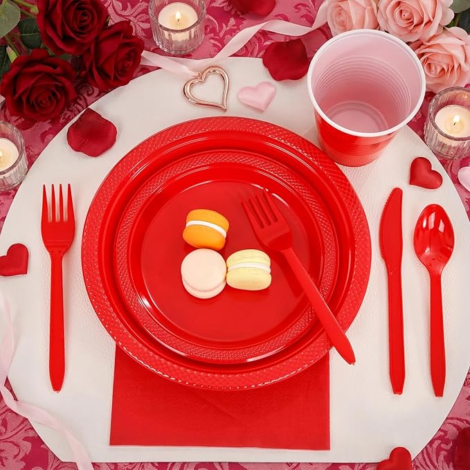 MirthMood 350PCS Red Disposable Plastic Plates,Red Dinnerware Set Includes 50 Dinner Plates, 50 Salad Plates, 50 Sets of Silverware, 50 Napkins and 50Pcs 12OZ Plastic Cups