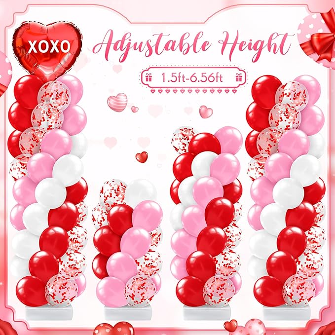 Kasyat 2 Set Valentines Day Balloons Column Stand Kit Red Pink White Arch Garland Kit, Love Heart Foil Balloons for Women Anniversary Wedding Engagement Romantic Proposal Party Decorations