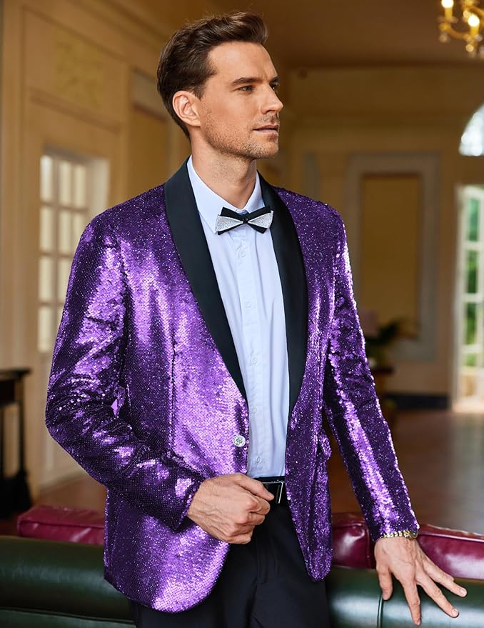 COOFANDY Mens Shiny Sequin Blazer Tuxedo Party Dinner Prom One Button Suit Jacket