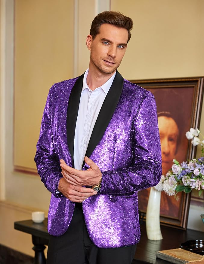 COOFANDY Mens Shiny Sequin Blazer Tuxedo Party Dinner Prom One Button Suit Jacket
