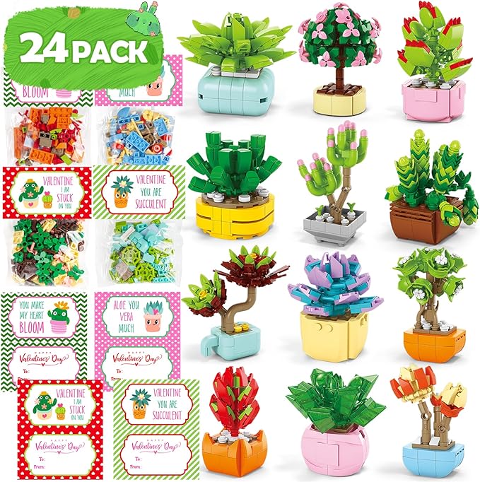 Valentines Day Gifts for Kids - 24 Packs Succulents Building Blocks with Valentines Day Cards for Kids School Boys Girls, Artificial Botanical Toy Exchange Gifts Classroom Prizes Party Favor