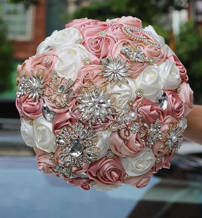 Handmade Wedding Bouquets for Bride Bridesmaid Brooch Artificial Holding Flower Tossing Bouquet(Ivory/champagnet, 16cm, 1PC)