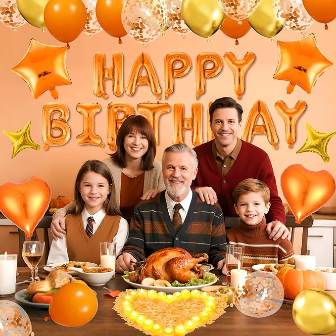 Orange Birthday Balloons Decorations Orange Happy Birthday Balloon Letters Banner with 6 Pcs Star Balloons Artificial Rose Petal 24 Flameless LED Candles for Room Hotel Party Decorations Supplies