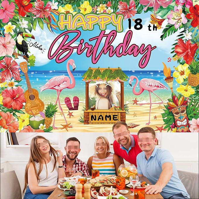 AUBAO Custom Happy Birthday Banner Flamingo Themed Party Decoration Backdrop Party Supplies Tropical Floral Photo Booth Hawaiian Themed Party Decoration for Luau Beach (6x9ft)