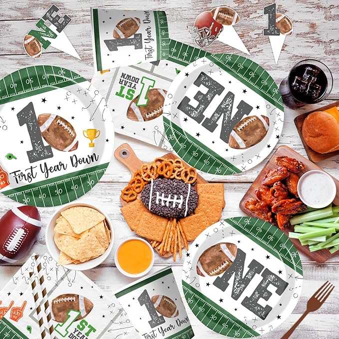 First Year Down Birthday Party Decorations, All-in-1 Football First Birthday Decorations with Balloon Arch Kit Photo Banner Highchair Banner One Boxes Plates Napkins Cake Toppers Tablecloths Backdrop