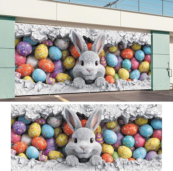 Easter Bunny with Colorful Eggs Garage Door Banner 7x16FT, Cute Bunny & Easter Egg Design, Outdoor Spring Holiday Decoration for Garage & Front Yard
