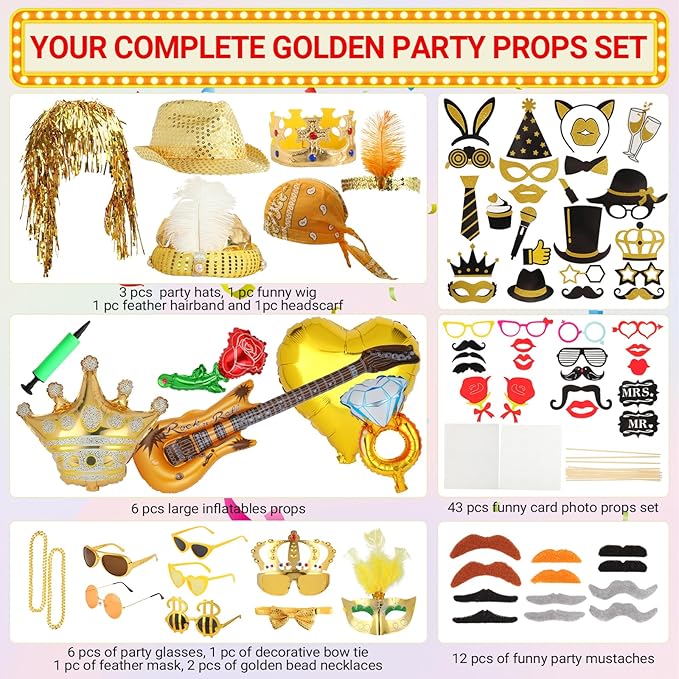 Bulk Gold Party Photo Booth Props Set for Adult, Funny Golden Photo Booth Glasses Hats Wig Props, Fun Party Pack Photo Booth Props Kit for New Year Party, Graduation, Birthday, Wedding, Bachelorette