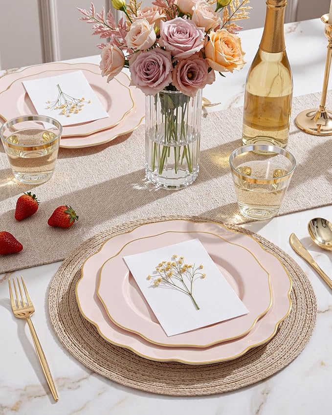 bUCLA 180PCS Pink Plastic Plates - Pink with Gold Rim Disposable for Party Include 30 Each (Dinner & Dessert) Plates, 30 Knives, 30 Forks, 30 Spoons, 30 Cups for Wedding, Birthday & Shower