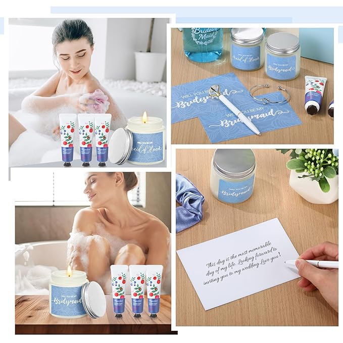 60 Pcs Bridesmaid Proposal Gifts Bridesmaid Box Set, Maid of Honor Gifts Include Box Glass Cup Candle Cards Scrunchies Hair Knotted Bracelets Hand Cream Diamond Pens(Blue)