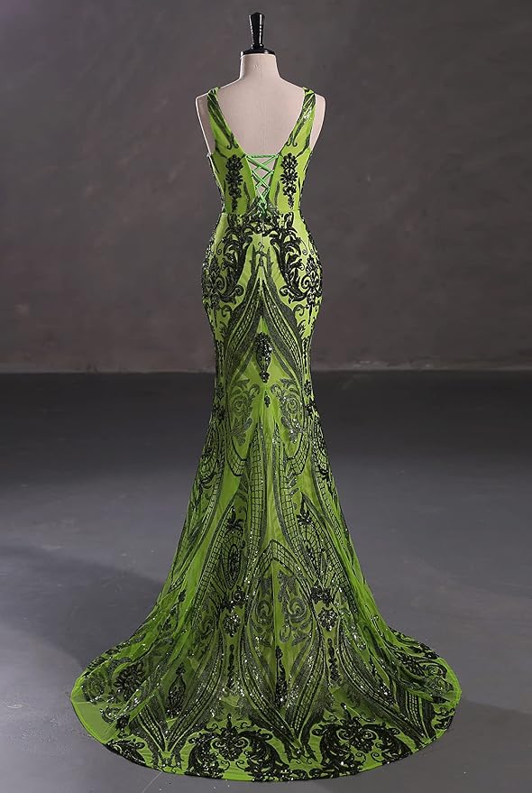 Women's Double V-Neck Sequins Lace-up Mermaid Evening Dress