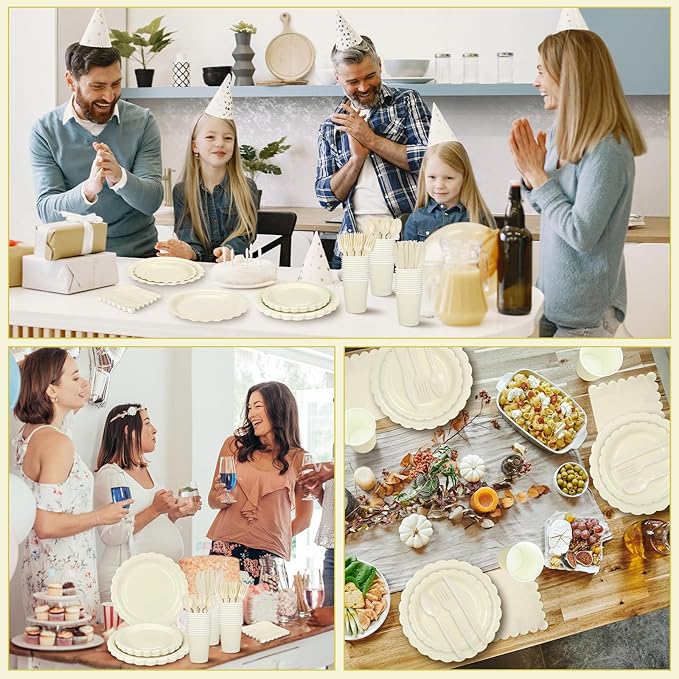 350 Pcs Ivory Dinnerware Sets, 9" Party Plates, 7" Cream Dessert Plate, 9oz Cups & Cutlery, 50 Guest Beige Scalloped Disposable Plates Set for Baby Bridal Shower, Wedding, Birthday