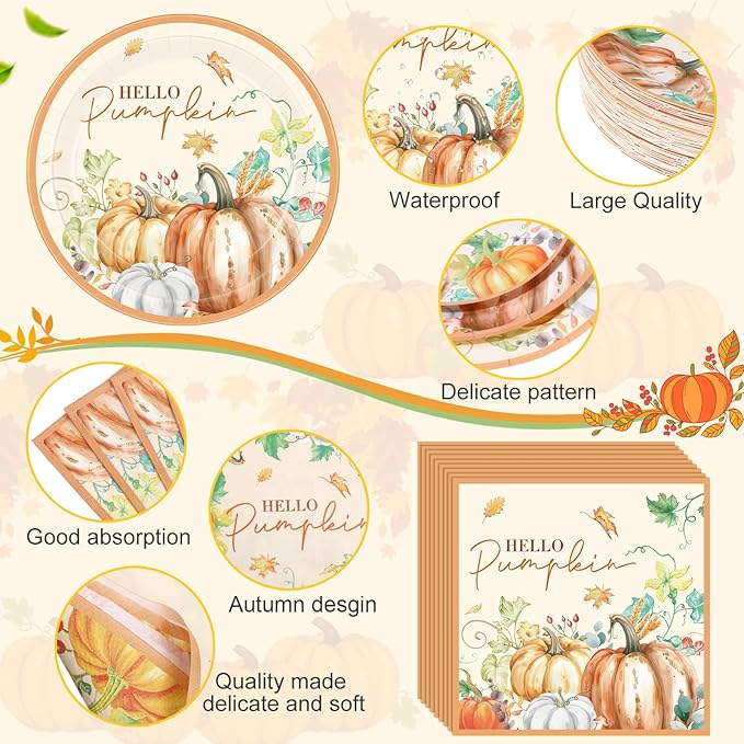 452 Pcs Hello Pumpkin Thanksgiving Fall Party Supplies for 50, Thanksgiving Pumpkins Paper Plates Napkins Cups Tablecloth Cutlery Straws for Autumn Harvest Birthday Baby Shower Decorations