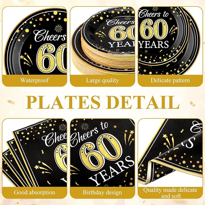452 Pcs 60th Anniversary Party Decorations, Cheers to 60 Years Paper Plates Napkins Cups Tablecloth Cutlery Straws Disposable Tableware Set for 60th Birthday Party Supplies for 50 Guests