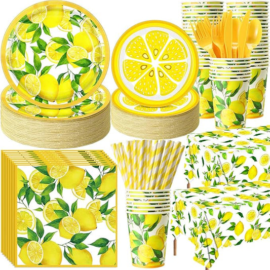 452 Pcs Lemon Party Decorations, Yellow Lemons Paper Plates Napkins Cups Tablecloth Cutlery Straws for Summer Fruit Theme Birthday Wedding Baby Shower Party Supplies, Serves 50