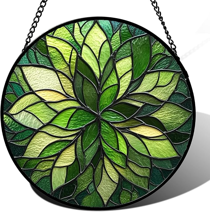 Stained Glass Window Hanging - Green Gradient Flowers Suncatcher for Doors Window Home Plant Sun Catchers Decor Christmas Mother's Day Birthday Gifts for Teacher Women Men Mom Nana 11.8 in