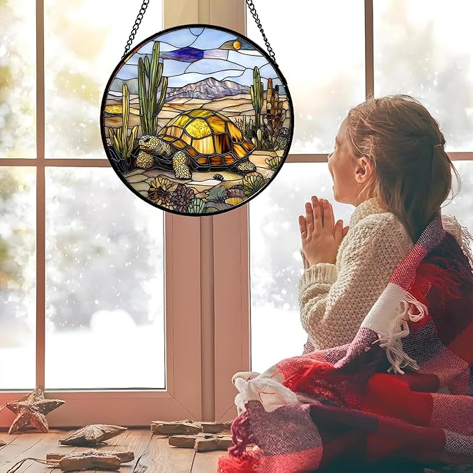 Stained Glass Window Hanging Golden Turtle Cactus Landscape 9.8" - Suncatcher Door Garden Sunroom Sun Catcher Home Decor Birthday Christmas for Mom Men Woman Nana