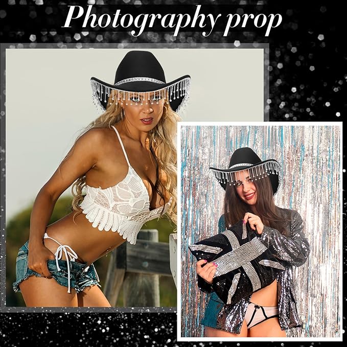 Hercicy 6 Pack Western Cowboy Hats with Rhinestone Tassel Bands Sequin Trim Sparkly Cowgirl Party Hats for Adults Women Men