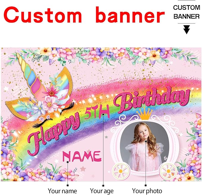 Custom Unicorn Rainbow Happy Birthday Party Decorations Supplies Personalized Unicorn Rainbow Birthday Backdrop Banner(5x7.5ft)