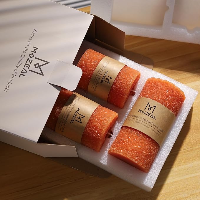 MOZEAL Hand-Poured Granular Texture Decorative Burnt Orange Pillar Candles Set of 3 (3"x4", 5", 6"), Dripless, Unscented, Smokeless, for Fall Fireplace, Thanksgiving Table & Autumn Décor