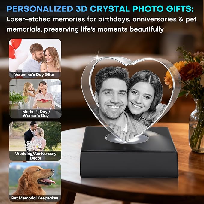 Custom 3D Crystal Photo Heart Large – Premium: Multicolor LED Base, Gift Wrap & 3D Card; Ready to Gift for Grandma & Family
