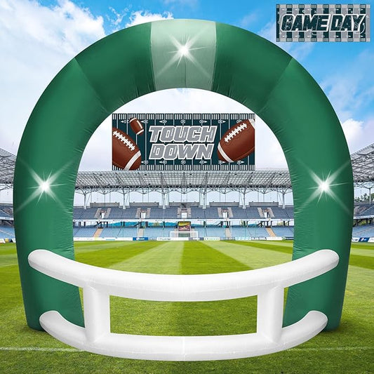 8FT Green and White Football Helmet Inflatable Arch with Game Day Banner, Giant Outdoor Blow Up Football Helmet with Built-in 3 LED Lights for Football Themed Birthday Party Lawn Yard Decoration