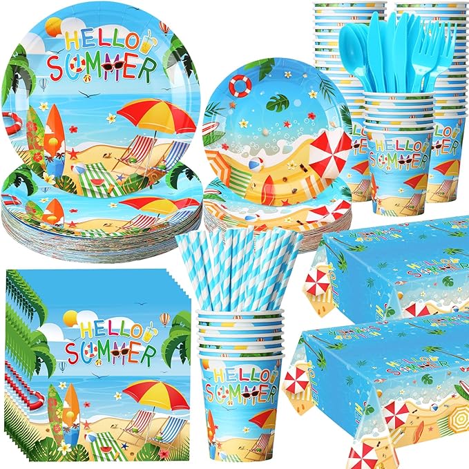 452 Pcs Hello Summer Party Decorations Beach Party Supplies for 50, Summer Beach Paper Plates Napkins Cups Tablecloth Cutlery Straws for Hawaiian Tropical Pool Birthday Decorations