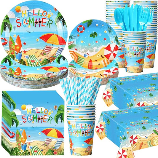 452 Pcs Hello Summer Party Decorations Beach Party Supplies for 50, Summer Beach Paper Plates Napkins Cups Tablecloth Cutlery Straws for Hawaiian Tropical Pool Birthday Decorations