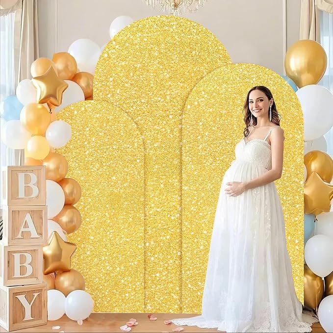 FUHSY Gold Arch Cover Set of 3 Sequin Backdrop Cover Chiara Spandex Cover for Arch Glitter Wedding Arch Covers Stretchy Backdrop Fabric for Birthday Party Balloon Arched Stand Decor 4ft 5ft 6ft