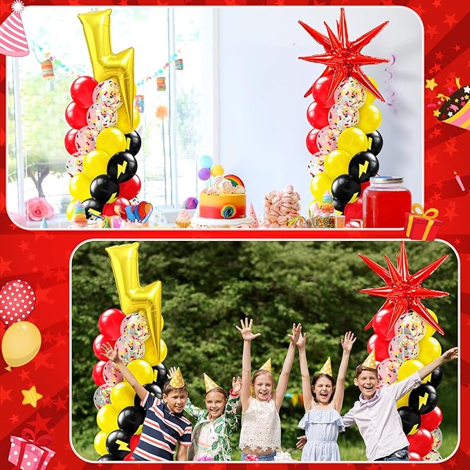 Kasyat 2 Set Cartoon Theme Balloon Column Stand Kit with Lightning Explosion Star Foil Balloons Black Red Yellow Arch Garland Kit for Cartoon Baby Shower Birthday Party Supplies