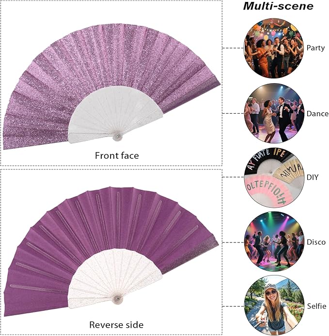 24 Pack Handheld Fan,Folding Hand Glitter Fan with Shining Transparent Fan Rib – Ideal for Wedding, Church, Festival, Dance, Tea Party, Club, and EDM Accessories, Purple