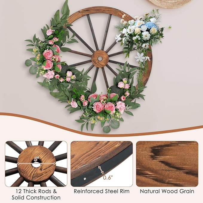 Tangkula 30" Decorative Wooden Wheels Set of 4, Decorative Wall Fir Wood Treated by Carbonization, Vintage Wagon Wheels for Garden, Bar, Restaurant Decoration (4 Pack)