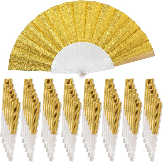 48 Pack Handheld Fan,Folding Hand Glitter fan with Shining Transparent Fan Rib – Ideal for Wedding, Church, Festival, Dance, Tea Party, Club, and EDM Accessories, Yellow