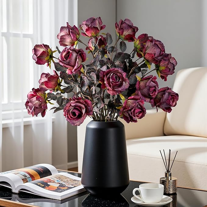 Artificial Flowers Autumn Artificial Roses 23.2In Fake Roses Long Stem Artificial Flowers for Tall Vase Silk Rose Suitable for Indoor Decoration Wedding Party Decor DIY Bouquet,Rose Red，20PCS