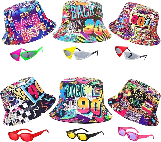 12 Pack Retro 80's 90's Party Bucket Hats With Neon Party Sunglasses, Funny 1980's 1990's Theme Party Hats Set, Retro Photo Booth Props Kit for Hip Hop Parties, Birthday, Wedding, Graduation, Outdoor
