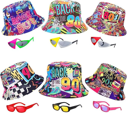 12 Pack Retro 80's 90's Party Bucket Hats With Neon Party Sunglasses, Funny 1980's 1990's Theme Party Hats Set, Retro Photo Booth Props Kit for Hip Hop Parties, Birthday, Wedding, Graduation, Outdoor