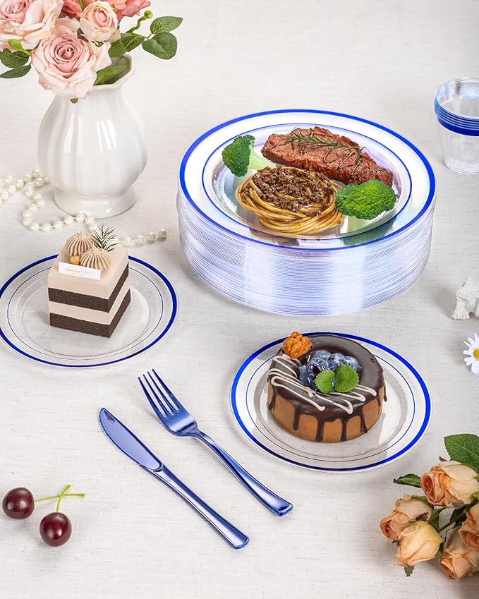 Goodluck 350 Piece Blue Plastic Plates, Clear Plastic Silverware Disposable Plates Set, Include 100Plates, 50Pack Pre Rolled Napkins with Silverware, 50Cups for Party, Wedding, Graduation