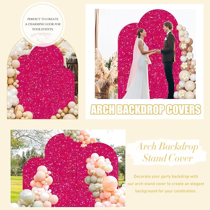 FUHSY Arch Backdrop Cover Set of 3 Hot Pink Arch Covers Stretchy Backdrop 7.2FT, 6.6FT, 6FT Balloon Chiara Backdrops Arched Cover Spandex Sequin Fabric for Birthday Party Baby Shower Ceremony Decor