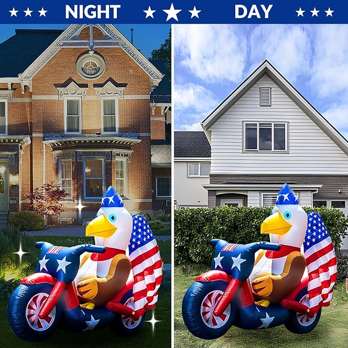 Patriotic Inflatable 5FT Eagle Sitting on Motorcycle 4th of July Inflatable Yard Decorations Outdoor Holiday LED Blow up Decor for American Decorations Advertising Business Promotion