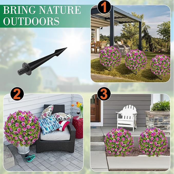 25" Artificial Boxwood Topiary Ball Trees with Purple Daisy, Fake Mums Plants with Ground Spike，Set of 2 UV Resistant Faux Bushes, Fake Shrubs for Garden, Patio, Porch, Yard, Indoor