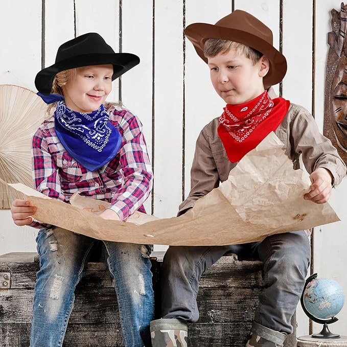 Hillban 72 Pcs Western Cowboy Hat and Paisley Bandana Set for Kids Felt Cowboy Party Hats for Costume Party Favors(Black, Brown)