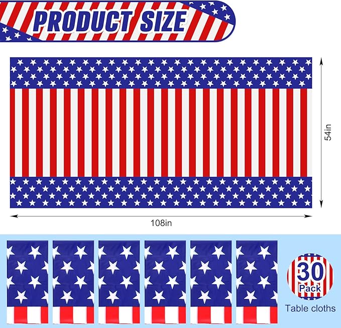 30 Pieces 4th of July Tablecloths 54 x 108 Inch Red White and Blue American Flag Disposable Plastic Table Covers Patriotic Party Supplies Decor for Memorial, Independence, Veterans Day